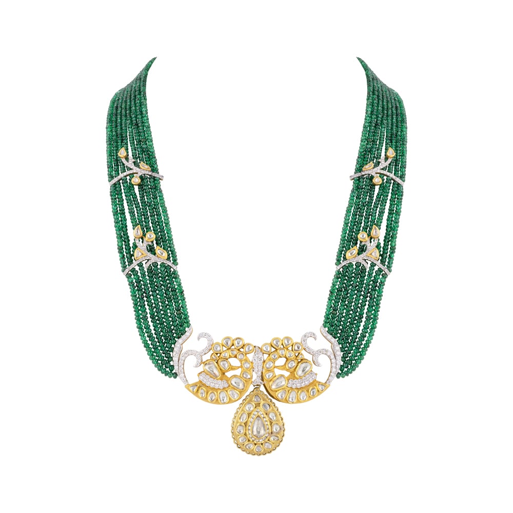 Layered Emerald Bead Necklace with Peacock Polki & Bud Motifs